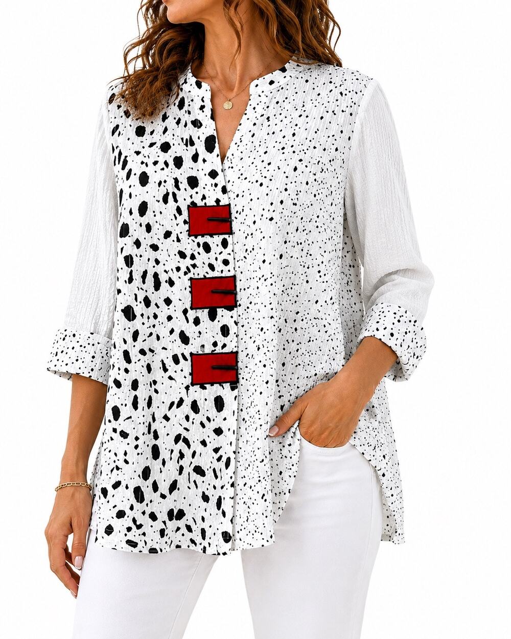 NEW NWT Ali Miles Rare Print Large Red Wearable Art Abstract Blouse Shirt Top